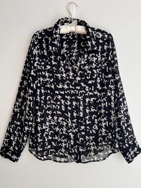 GUESS Sheer Long Sleeve Button Front Blouse Black White Abstract Day to Night